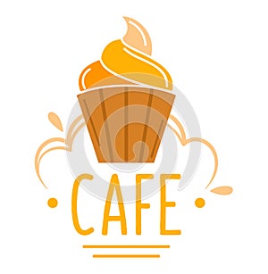 Cupcake symbol above cafe sign logo, design isolated on white vector illustration. Bakery food with cream icon, sweet