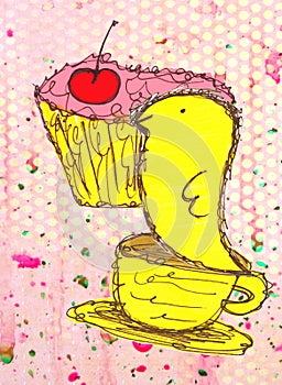 Cupcake Tea Party Bird Whimsical Nature Illustration