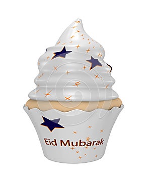 Cupcake with the text Eid Mubarak, blue and yellow stars