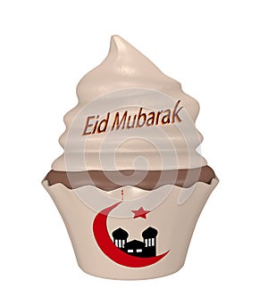 Cupcake with the text Eid Mubarak, Crescent and Mosque
