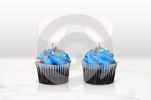 Cupcake Topper Mockup - Blue Cupcakes in Minimalist White Kitchen Scene