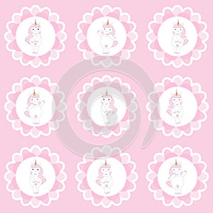 Cupcake topper set with cute unicorn girl on pink background for kid birthday party