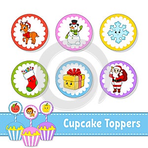 Cupcake Toppers. Set of six round pictures. Christmas theme. Cartoon characters. Cute image. For birhday, party, baby shower