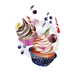 Cupcake, two cakes with cream, decorated with cookies and leaves, berries