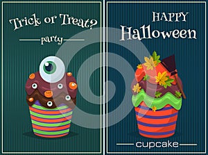 Cupcake vector set. Happy Halloween Scary Sweets poster.