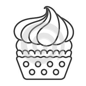 Cupcake with whipped cream buttercream frosting thin line icon, pastry concept, muffin vector sign on white background