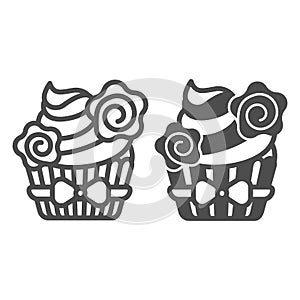 Cupcake with whipped cream and flower deco with bow line and solid icon, pastry concept, muffin vector sign on white