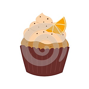 Cupcake with whipped cream and orange slice. Hand drawn muffin in cartoon flat style