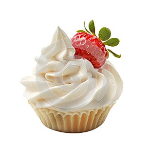 Cupcake with whipped cream and strawberry isolated on transparent background.