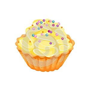 Cupcake with whipped lemon cream and colorful sprinkles isolated on white background.
