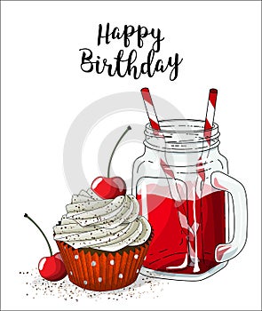 Cupcake with white cream and cherry and glass jar with red beverage and straw on white background, illustration