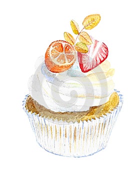 Cupcake with white creame, strawberry and kumquat