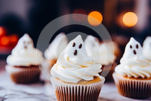 Cupcake with white frosting and ghost face on top. Generative AI