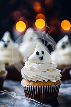 Cupcake with white frosting and ghost face on top. Generative AI