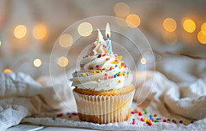 Cupcake With White Frosting and Sprinkles