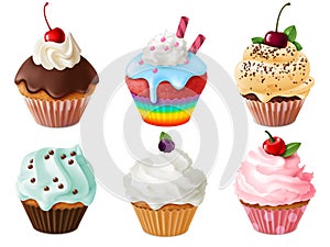 Cupcakes 3d set. Realistic sweet dessert with cream and berries, vanilla cakes. Chocolate cupcake, creamy confectionery