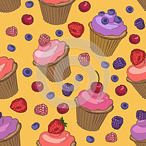 Cupcakes and berries seamless pattern