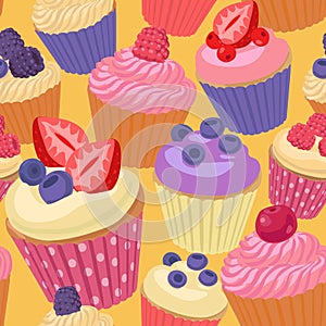 Cupcakes with berries seamless pattern