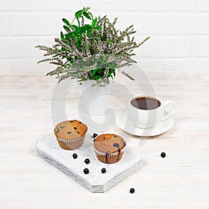 Cupcakes with black currant and mint leaves on a white plate. Selective focus.