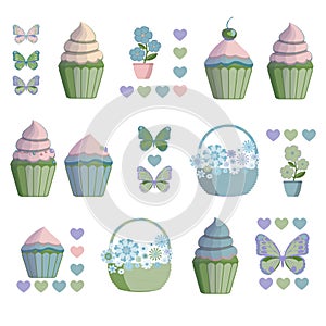 Cupcakes, butterflies, hearts, flowers basket pattern.