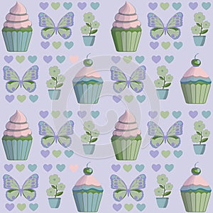 Cupcakes, butterflies, hearts, flowers seamless pattern.