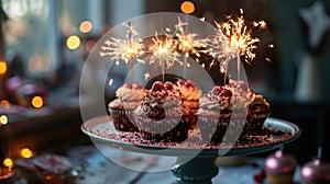 Cupcakes on a cake stand with sparklers