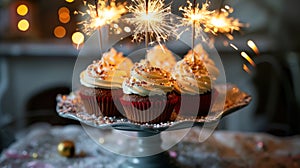 Cupcakes on a cake stand with sparklers