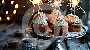 Cupcakes on a cake stand with sparklers