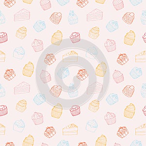Cupcakes and cakes seamless pattern vector illustration, hand drawing doodles, pink background