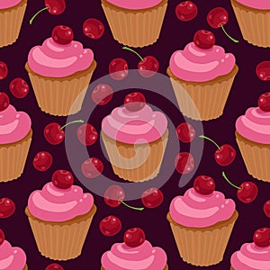 Cupcakes with cherries seamless pattern