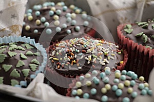 Cupcakes with chocolate icing and sugar decorations