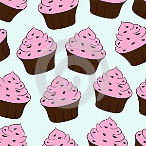 Cupcakes with chocolate sprinkles isolated on blue background. Sweet Dessert with pink berry cream. Strawberry taste