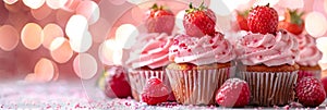 Cupcakes, Color Strawberries Cup Cake, Delicious Fruit Cupcakes on Blurred Bokeh Background