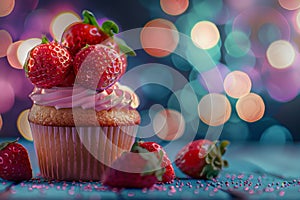 Cupcakes, Color Strawberries Cup Cake, Delicious Fruit Cupcakes on Blurred Bokeh Background