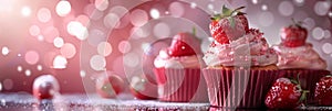 Cupcakes, Color Strawberries Cup Cake, Delicious Fruit Cupcakes on Blurred Bokeh Background