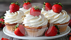 Cupcakes with cream frosting and strawberries. AI generated.