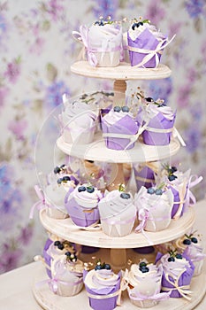 Cupcakes with cream in a paper tulip form, decorated with blueberries, rosemary, flowers, tied with a ribbon. Vanilla