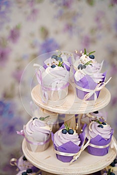 Cupcakes with cream in a paper tulip form, decorated with blueberries, rosemary, flowers, tied with a ribbon. Vanilla