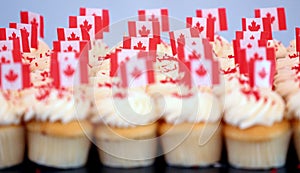 Cupcakes decorated with Canadian Flags to celebrate Canada Day