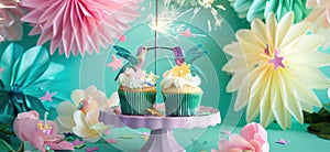 cupcakes decorated with sparklers and hummingbirds