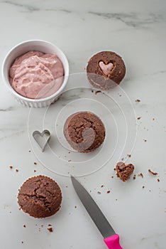 Cupcakes decorated with sugar hearts for Valentine`s Day