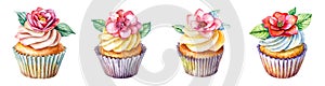 Cupcakes With Flowers Watercolor Set On White Background