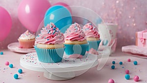 cupcakes with frosting and sprinkles Birthday cupcakes with pink and blue frosting and sprinkles on a white cake stand.