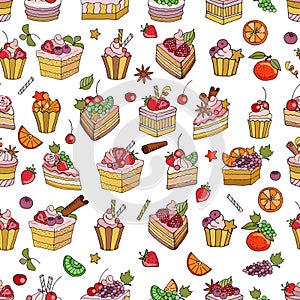Cakes, cupcakes, fruit and berries. Seamless pattern, vector illustration