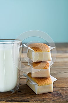 Cupcakes with glass of milk on wooden table with blue background. Copy space. Vertical photo. Handmade madeleines photo