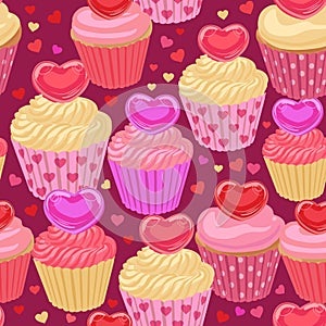 Cupcakes with hearts seamless pattern