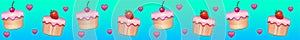 Cupcakes and hearts - vector border of sweets on a blue-green background. Vector divider with strawberry and cherry sweet cakes in