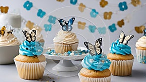 cupcakes with icing Cupcakes with cream and sugar butterflies and birthday candles on a white plate.