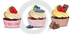 Cupcakes isolated on a white background. Vector realistic dessert. Summer delicious treats photo