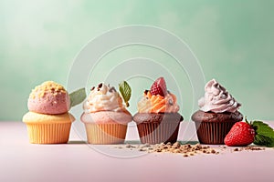 cupcakes on a pastel background, Shot using a Leica camera, and Soft shadows. Clean sharp focus. High-end retouching